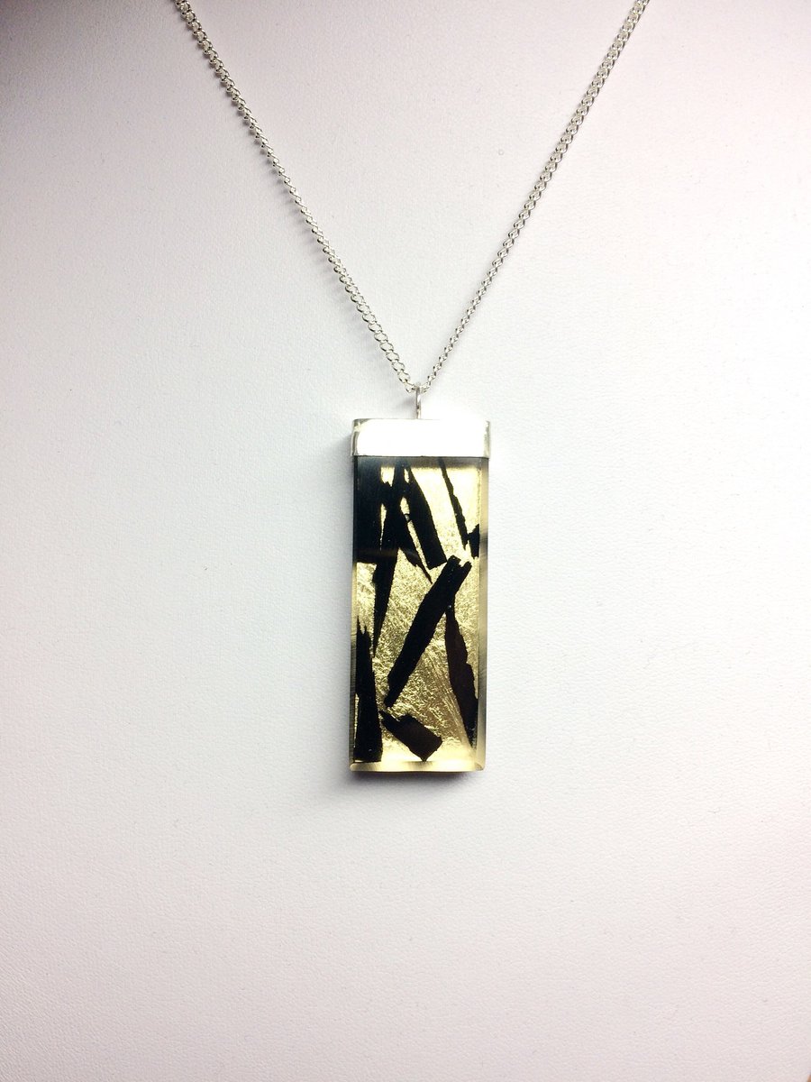 Rectangular Resin Pendant with Ebony Shards with Gold Leaf