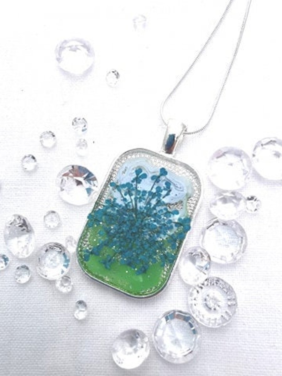 Medium Rectangular Pendant With Blue Flower