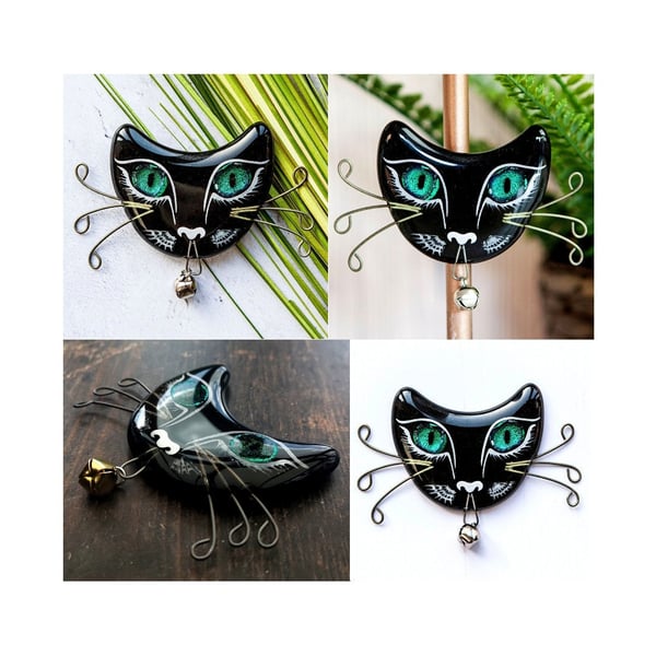Handmade Fused Glass Cat Face Fridge Magnet - Dichroic Glass Eyes - Cat Gift 