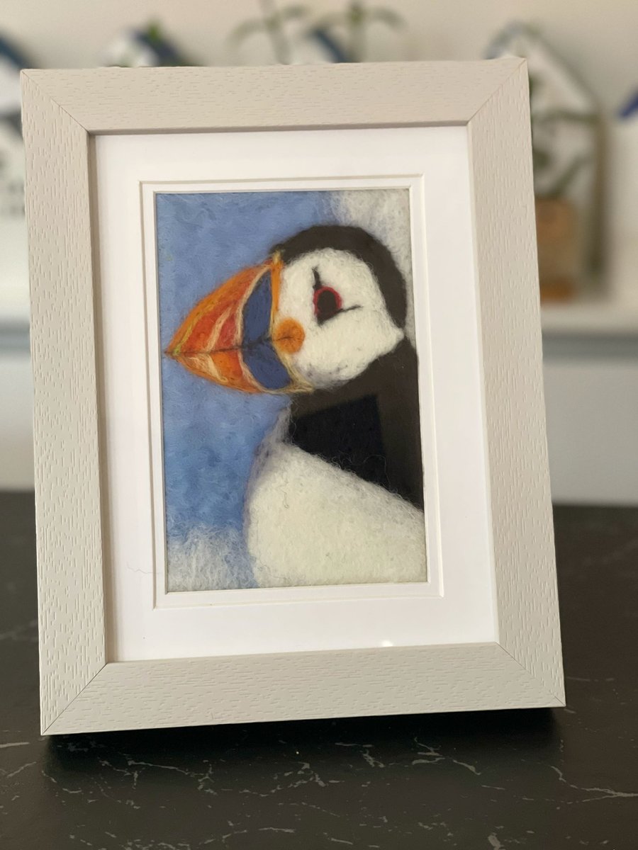 Wool felted puffin painting small