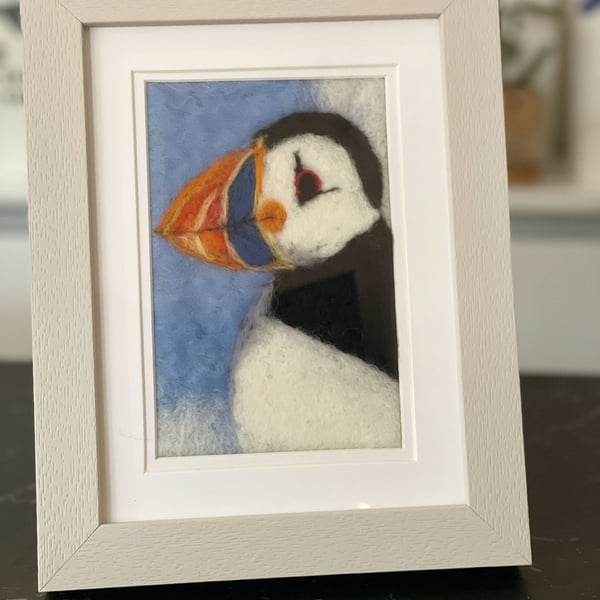 Wool felted puffin painting small