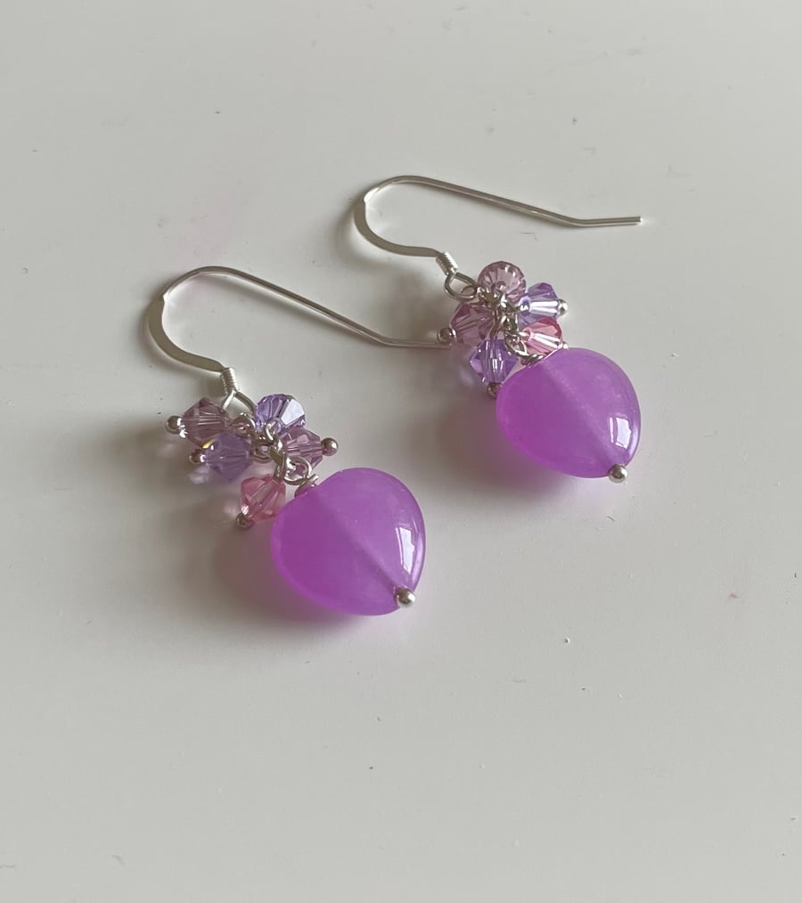 Lavender jade heart cluster earrings