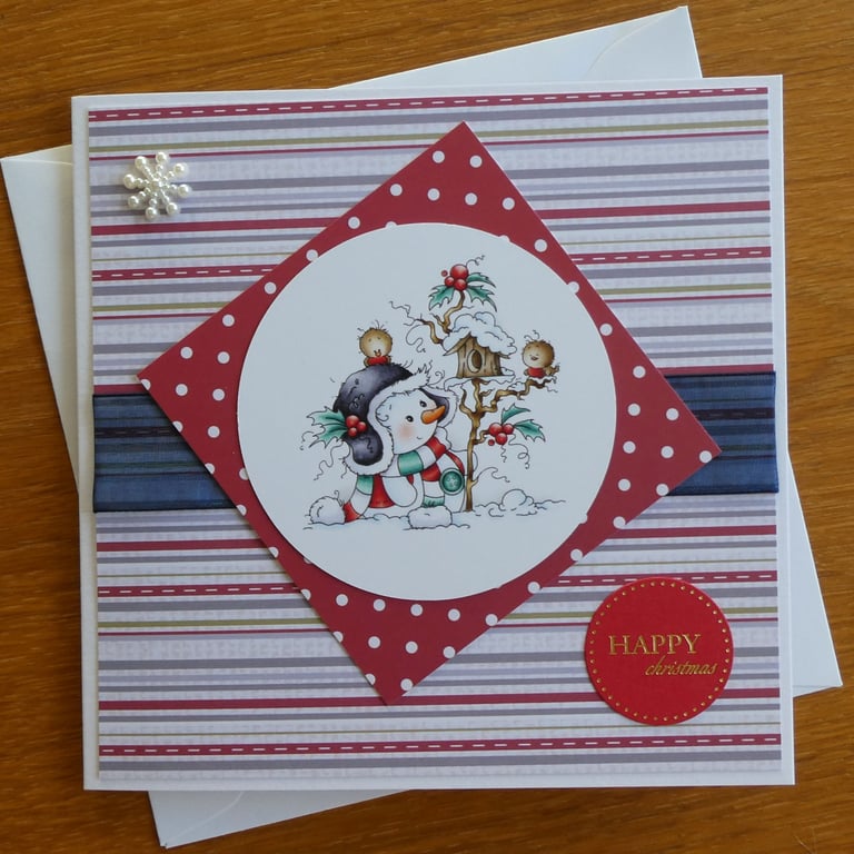Snowman and Robins Happy Christmas Card - Stripes
