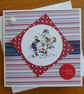 Snowman and Robins Happy Christmas Card - Stripes - Image 1