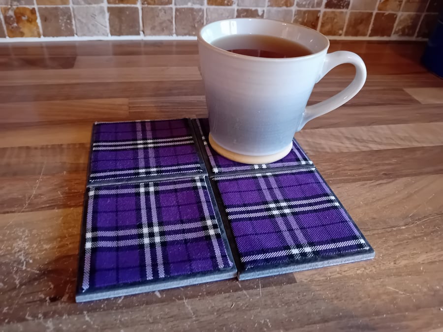 Purple Tartan - Ceramic Tile Set of 4 Coasters Perfectly Imperfect
