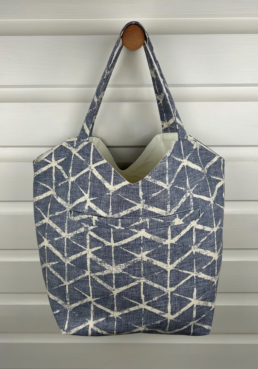 Cotton Tote Bag with Welt Pocket, Geometric Print