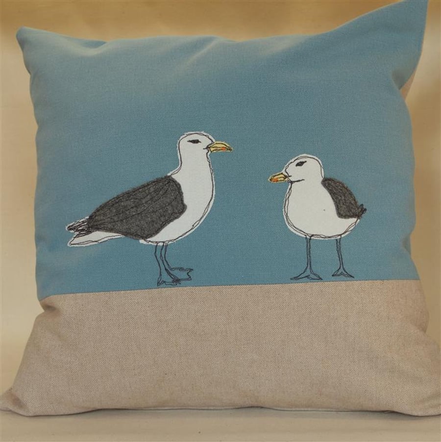 Cushion Seagull Handmade Freehand Machine Embroidered 