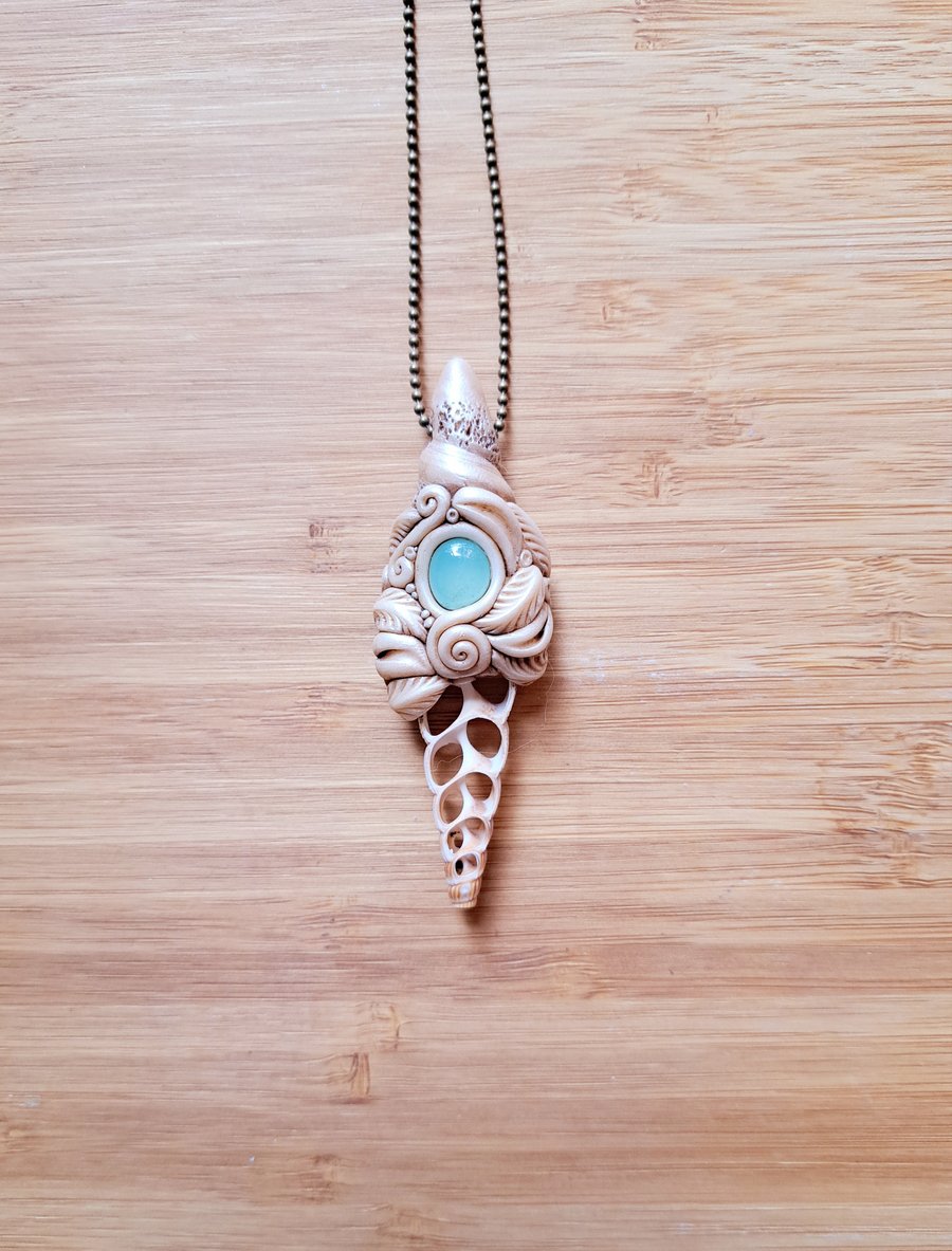 Seashell Slice with Amazonite and Polymer Clay Amulet Pendant