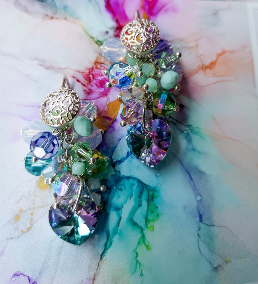 Swarovski crystal Sterling silver berries lilac mint turquoise cluster earrings