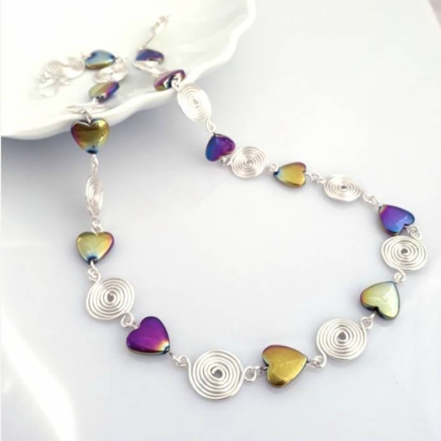 Hearts and Spirals Necklace, Rainbow gemstones beaded necklace, gifts for mum