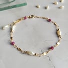 Ruby and Pearl Bracelet 14kt Gold Filled, Wire Wrapped Chain Bracelet