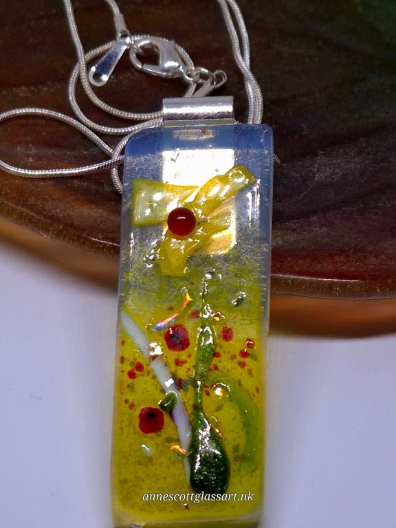 Handmade Fused Opaline Glass Pendant Necklace Poppy-field Yellow Flower