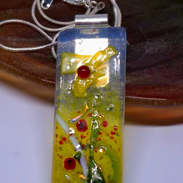 Handmade Fused Opaline Glass Pendant Necklace Poppy-field Yellow Flower