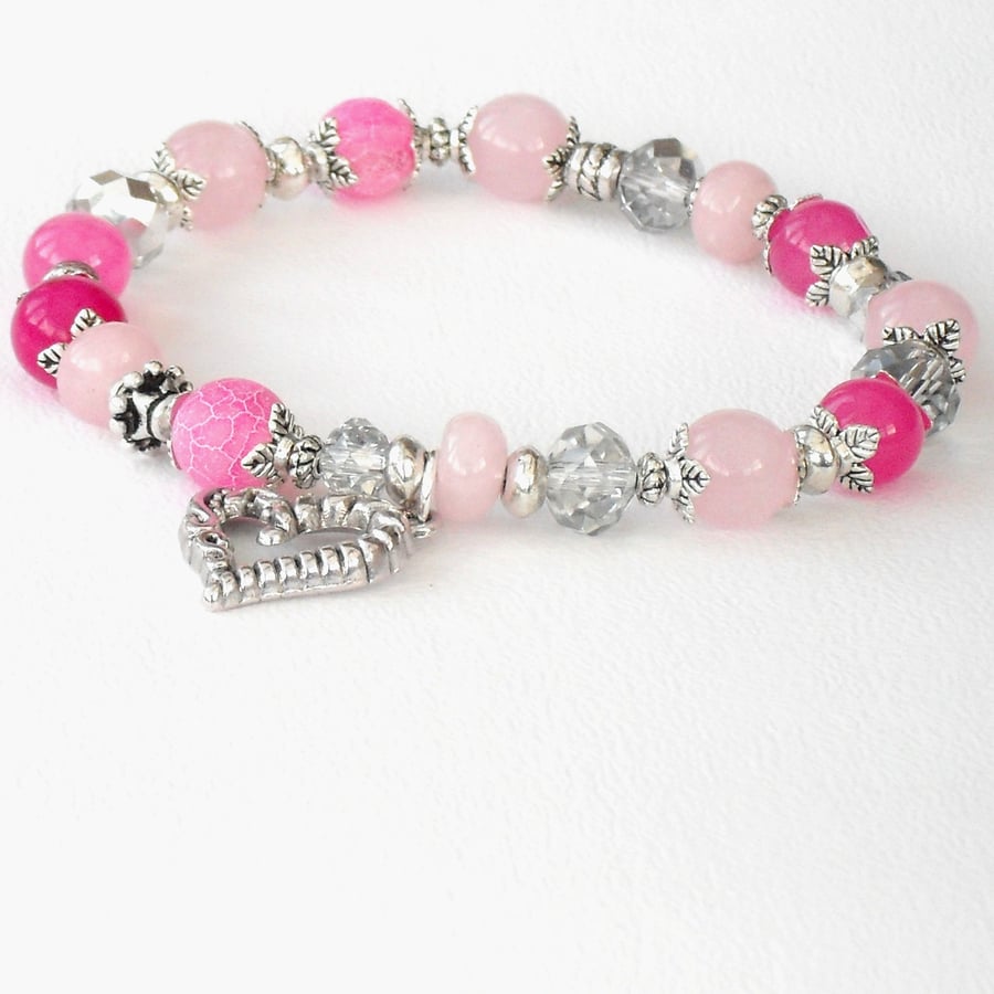 Pink gemstone and crystal handmade bracelet