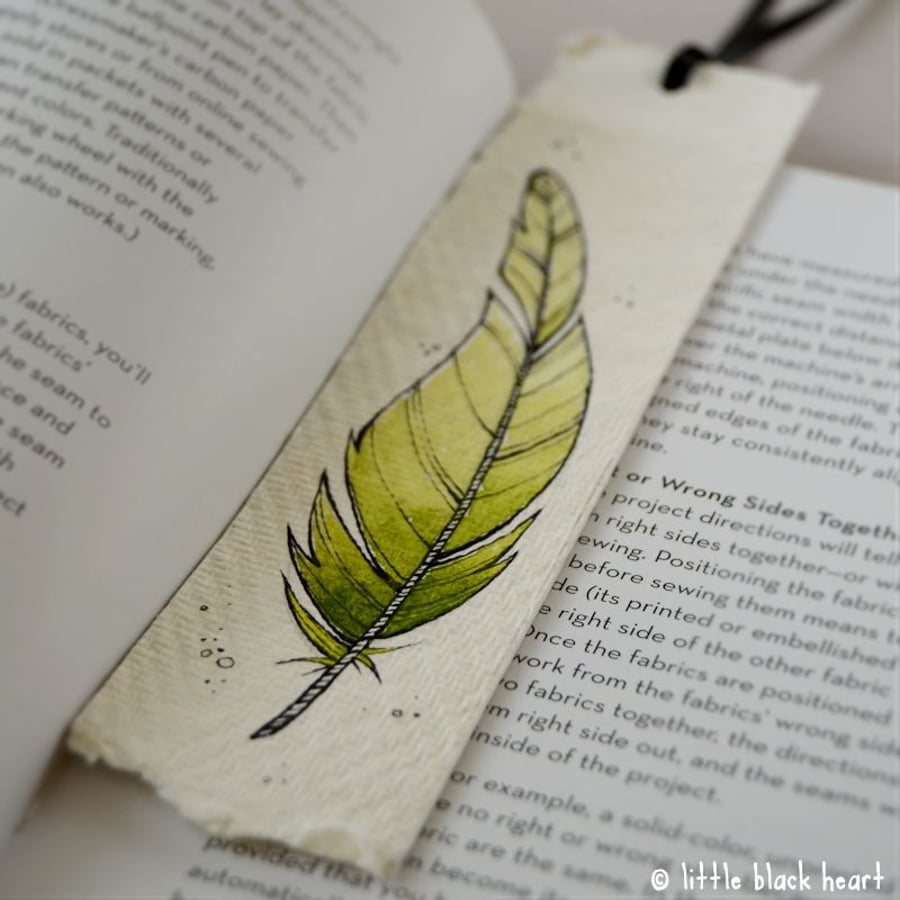 bookmark with original illustration - green feather
