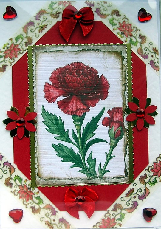 Red Carnation Flowers - Hand Crafted Decoupage Greeting Card - Blank 2813