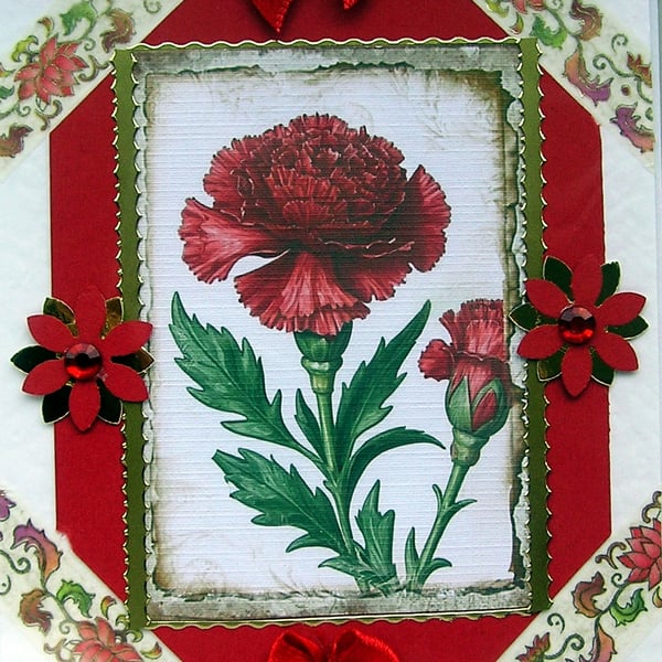 Red Carnation Flowers - Hand Crafted Decoupage Greeting Card - Blank 2813