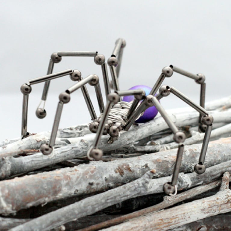 Purple Beaded Spider Ornament - Wire Spider Decoration with Pin Fixing