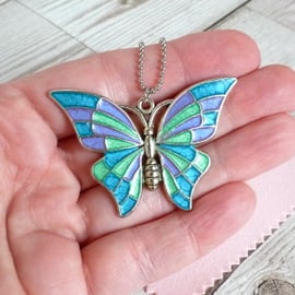 Blue, lilac and emerald butterfly pendant, handpainted butterfly necklace