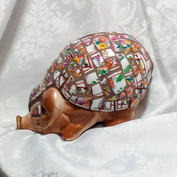 LARGE PIG IN BLANKET MOSAICKED WITH JAPANESE PORCELAIN. UNIQUE GIFT. MONEY BOX.