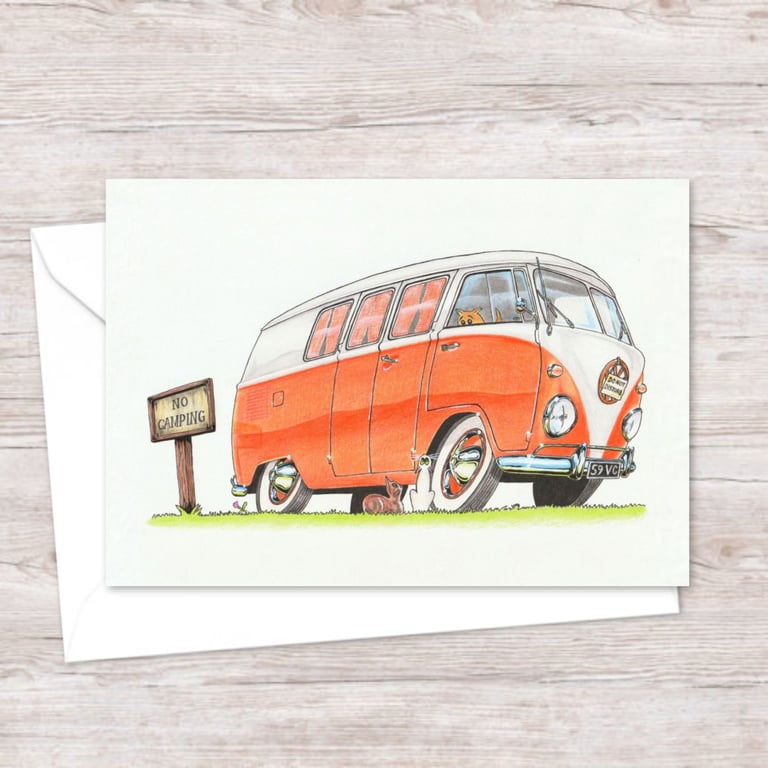 Camper Van Greeting Card: Camp Site Pencil Illustration - Blank Inside (325) 