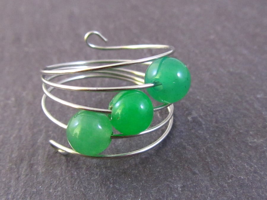 Green Agate Silver Memory Wire Ring, Green Ring