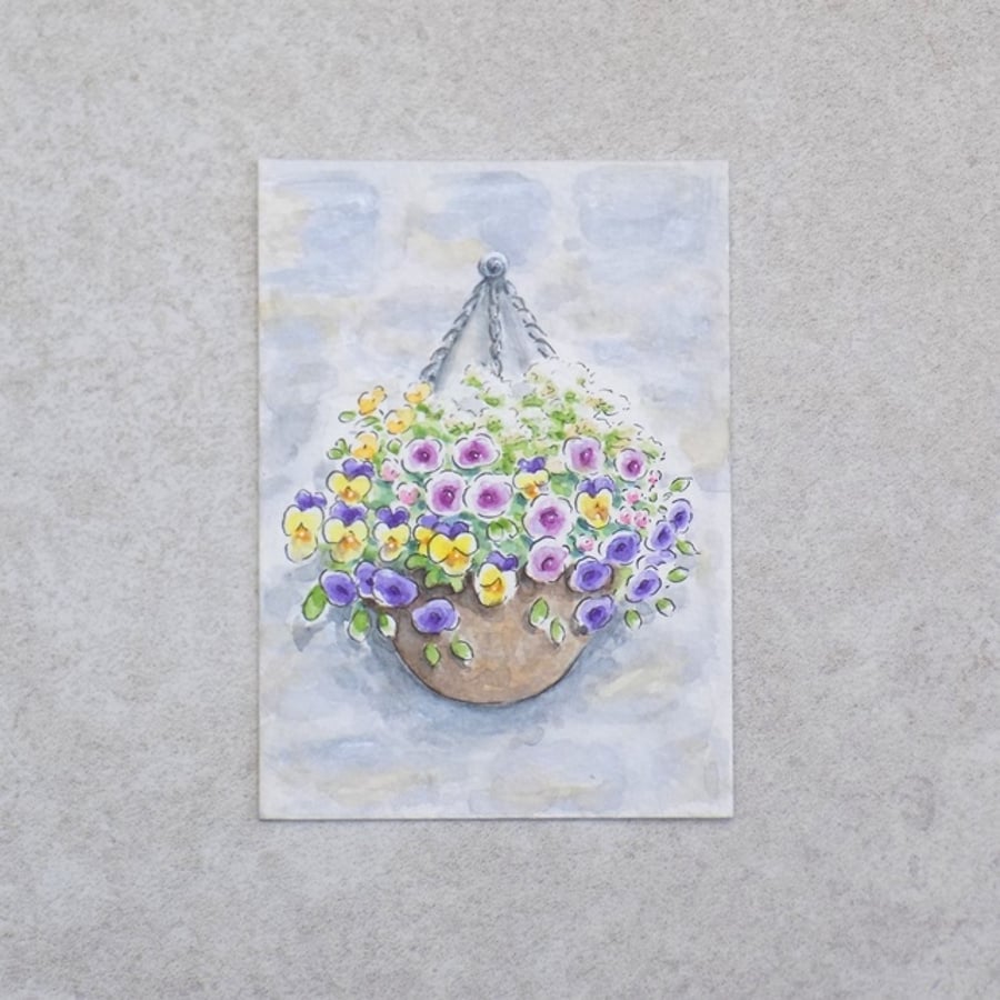 Original Watercolour ACEO  'Flower Basket' (3.5 inches x 2.5 inches)