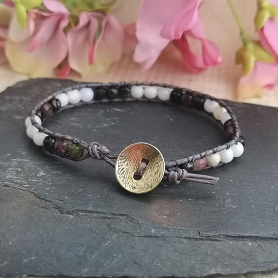October birthstone small leather bracelet with tourmaline and pink opal beads
