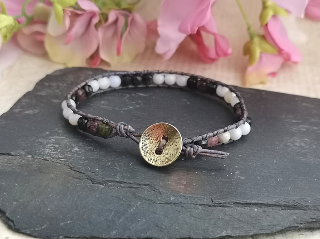 October birthstone small leather bracelet with tourmaline and pink opal beads
