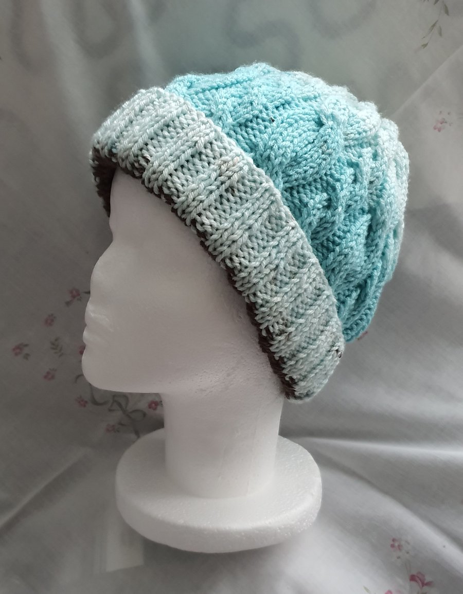Ladies hand-knitted cable hat, turquoise, grey and brown