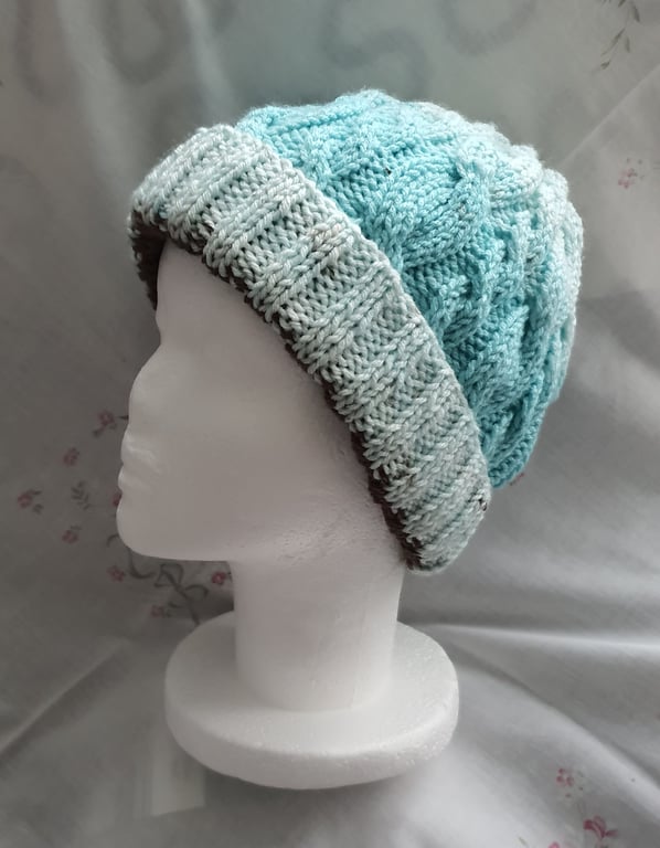 Ladies hand-knitted cable hat, turquoise, grey and brown