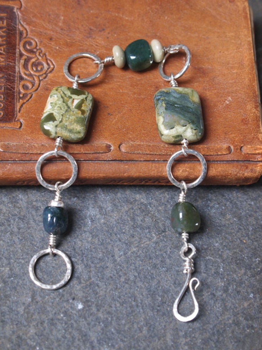 Silver bracelet with ryolite, jade and green moss agate