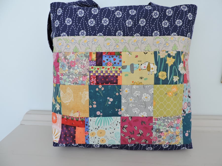  Tote Bag Patchwork Navy Yellow Grey Green Pink