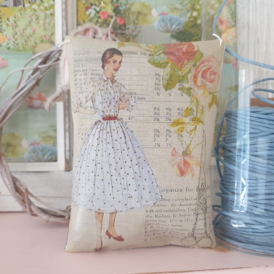 Lavender Bag with Vintage Fashion Illustrations, Birthday Gift for Her