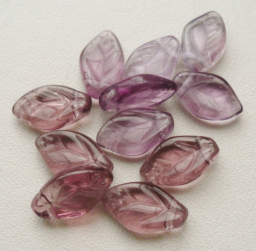 11  Purple Preciosa Czech Glass Leaf Beads