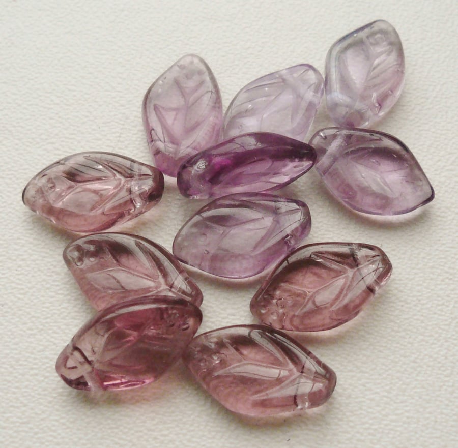 11  Purple Preciosa Czech Glass Leaf Beads