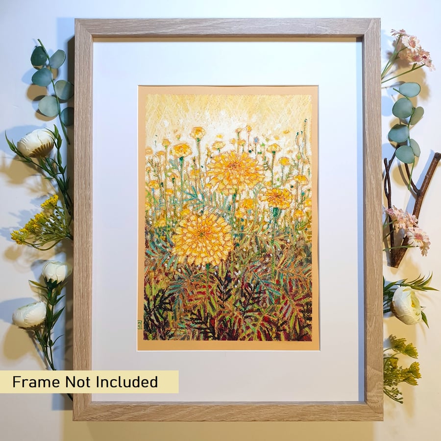 Golden Marigolds Original Oil pastel painting, A4 artwork, wall art