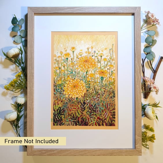 Golden Marigolds Original Oil pastel painting, A4 artwork, wall art