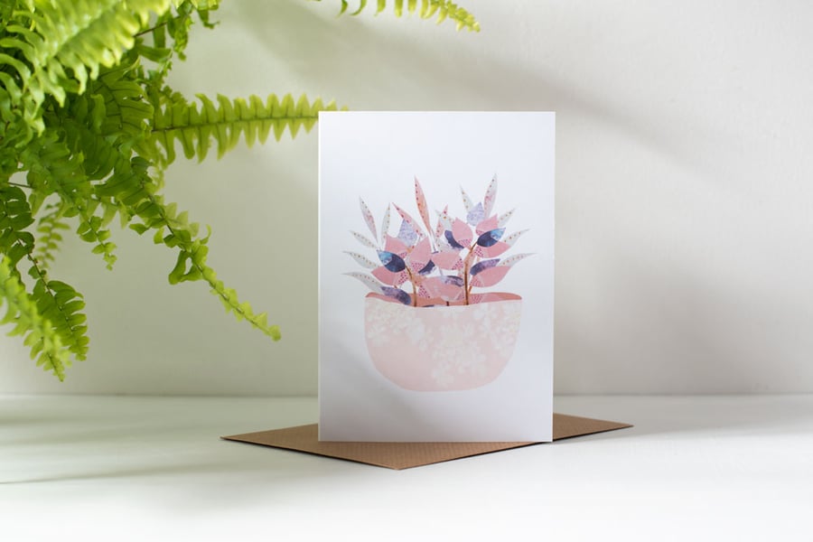 Blank Greeting Card Luscious leaves Pastel Pink Plant in Pots Card