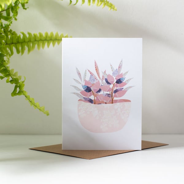 Blank Greeting Card Luscious leaves Pastel Pink Plant in Pots Card