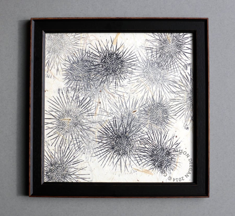 Original mono print lino print Sea Urchins I