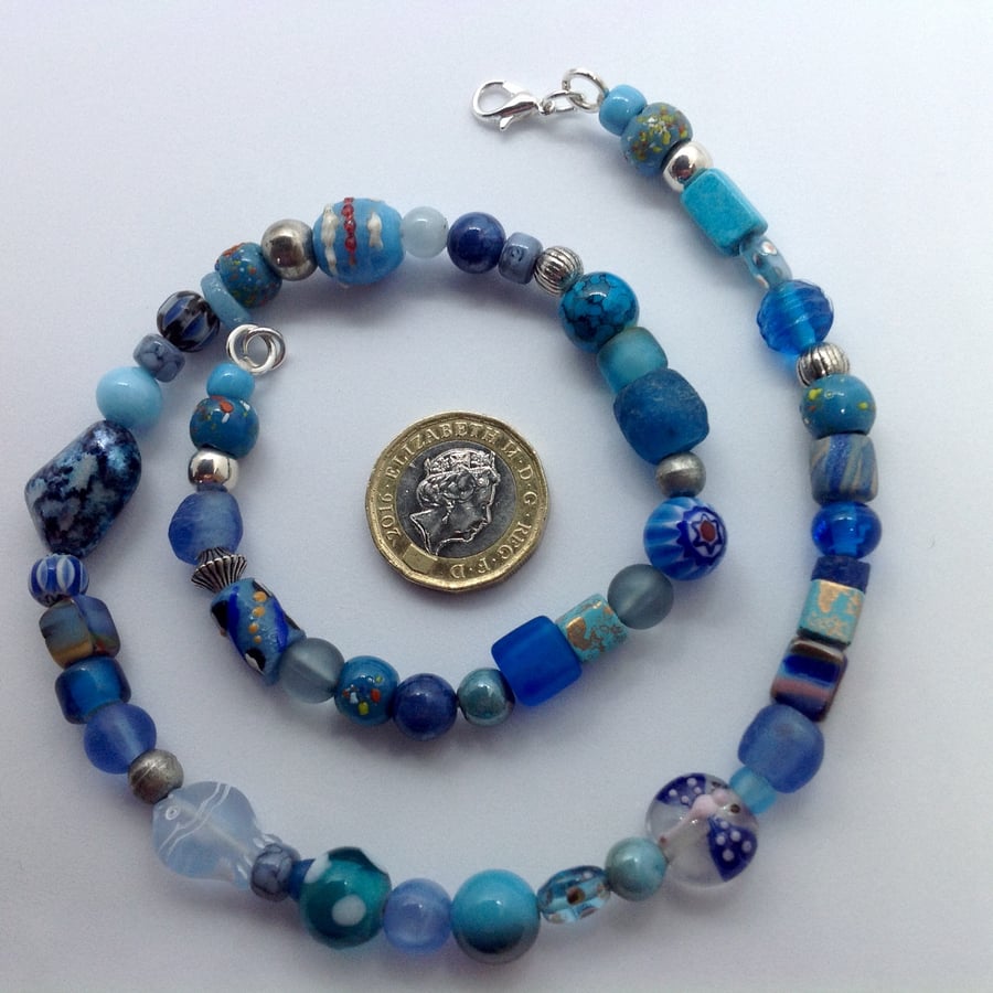 Beaded necklace with a collection of blue and turquoise beads