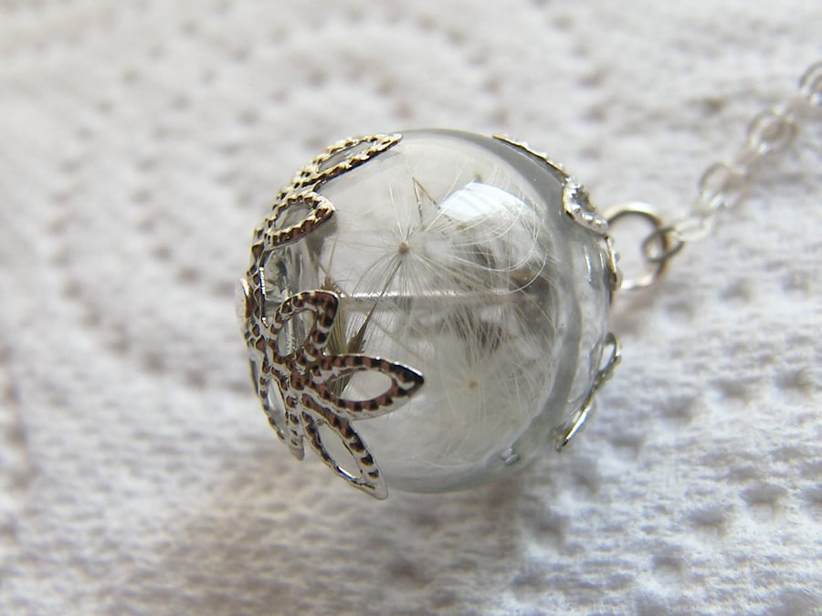Real Dandelion Seeds Tiny Glass Globe Necklace - MAKE A WISH