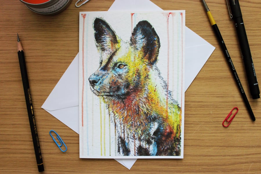 Painted Dog Greeting Card - Blank Greeting Card, Wildlife Art Card, Free UK Post