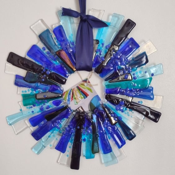Large fused glass wreath blue and turquoise wall decoration