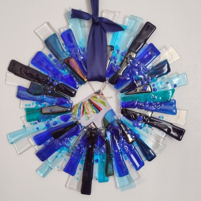 Large fused glass wreath blue and turquoise wall decoration