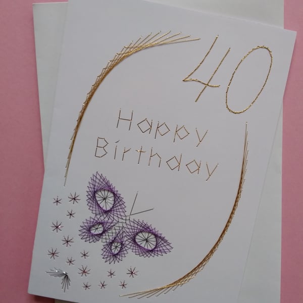 40th Birthday Hand Embroidered Card. 