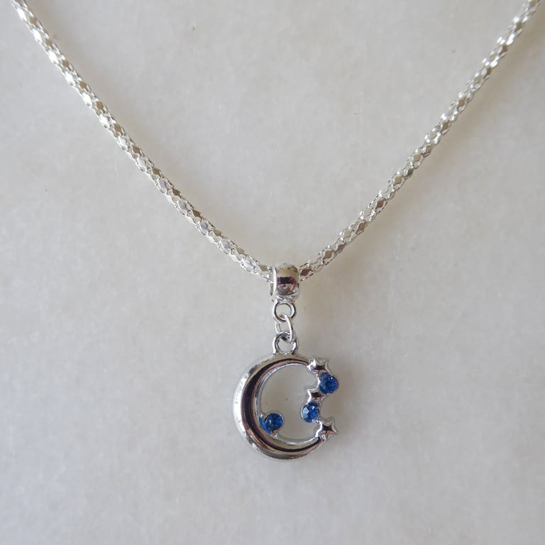 Moon and Stars Pendant with Blue Rhinestones and Silver plated Chain