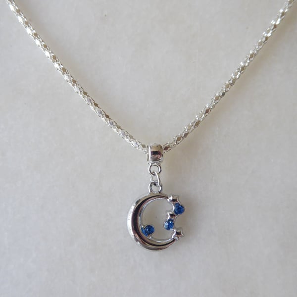 Moon and Stars Pendant with Blue Rhinestones and Silver plated Chain