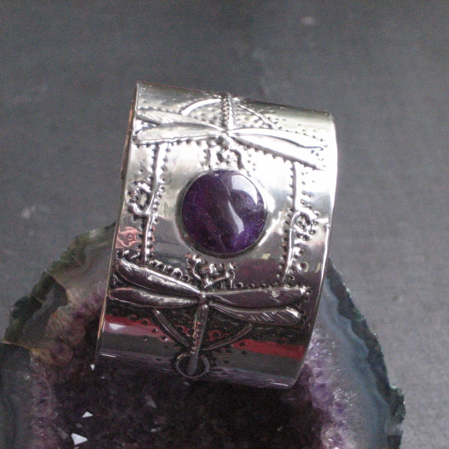 Amethyst Dragonfly Cuff in Pewter